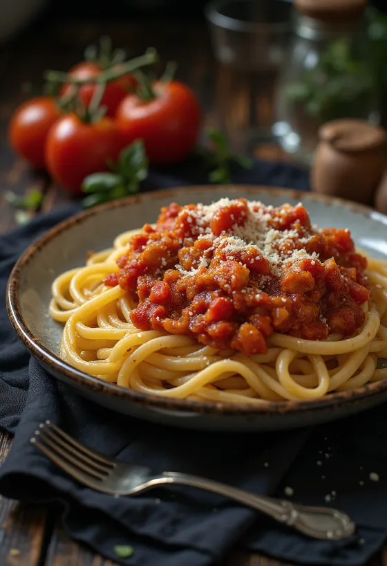 Makarona me domate, borzilok të freskët dhe djathë parmezan të grirë