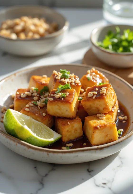 Kubikë tofu me kikirikë të pjekur të servirur