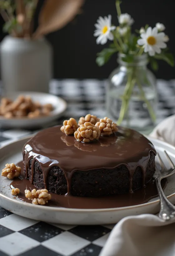 Tortë me tartuf dhe gështenja e zbukuruar me shtresë çokollate dhe kakao pluhur
