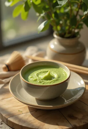 Një filxhan çaj matcha me shkumë, i zbukuruar me pluhur matcha