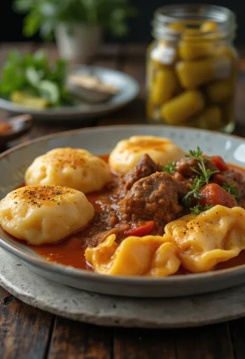 Gjellë e lëngshme me nokedli të freskët, shërbyer si pjatë tradicionale hungareze në pjatë të bardhë.