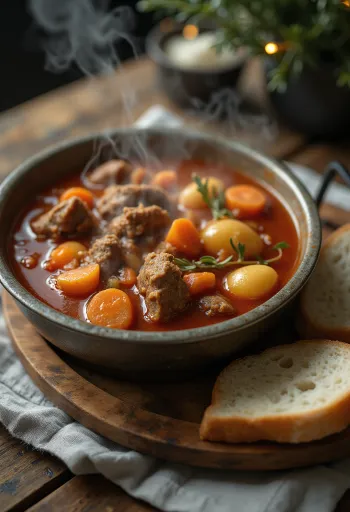 Gulash në kusi me shije tymi, i servirur me bukë të freskët