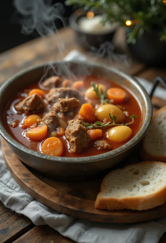 Gulash në kusi me shije tymi, i servirur me bukë të freskët