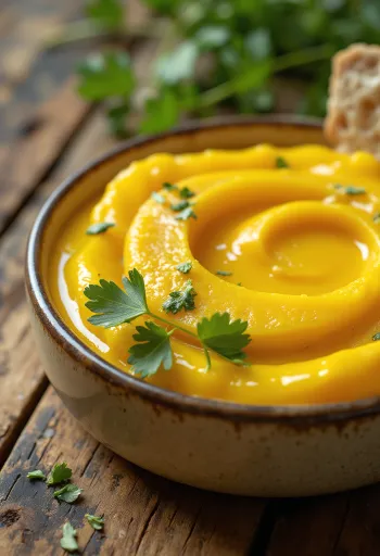 Salcë tahini me mango dhe kerri e servirur