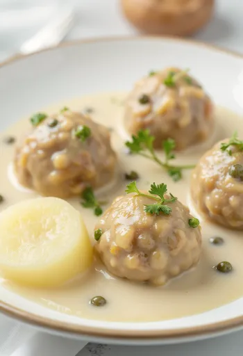 Königsberger Klopse qofte gjermane me salcë kaperi të servirura