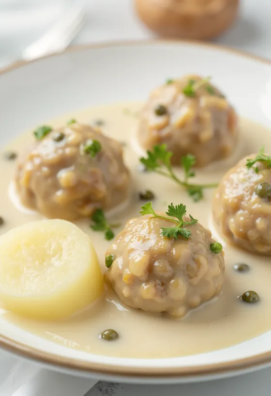 Königsberger Klopse qofte gjermane me salcë kaperi të servirura