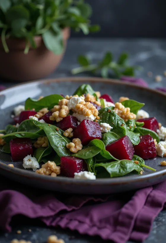 Sallatë me spinaq, panxhar, arra dhe djathë feta